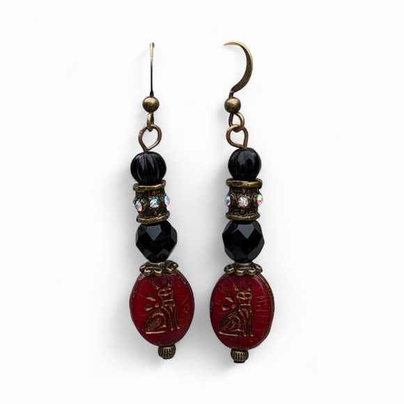 Handcrafted Cat Red and Black Dangle Earrings - Picture 3 of 5